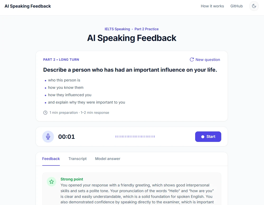 AI Speaking Feedback Tool interface