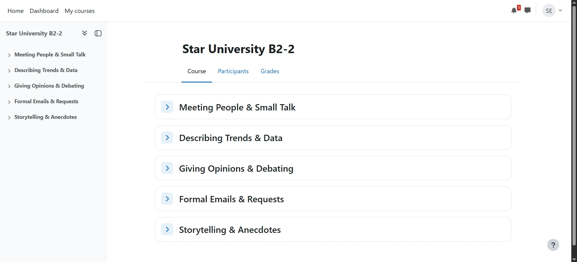 Original Moodle course page showing standard course navigation and topic sections.